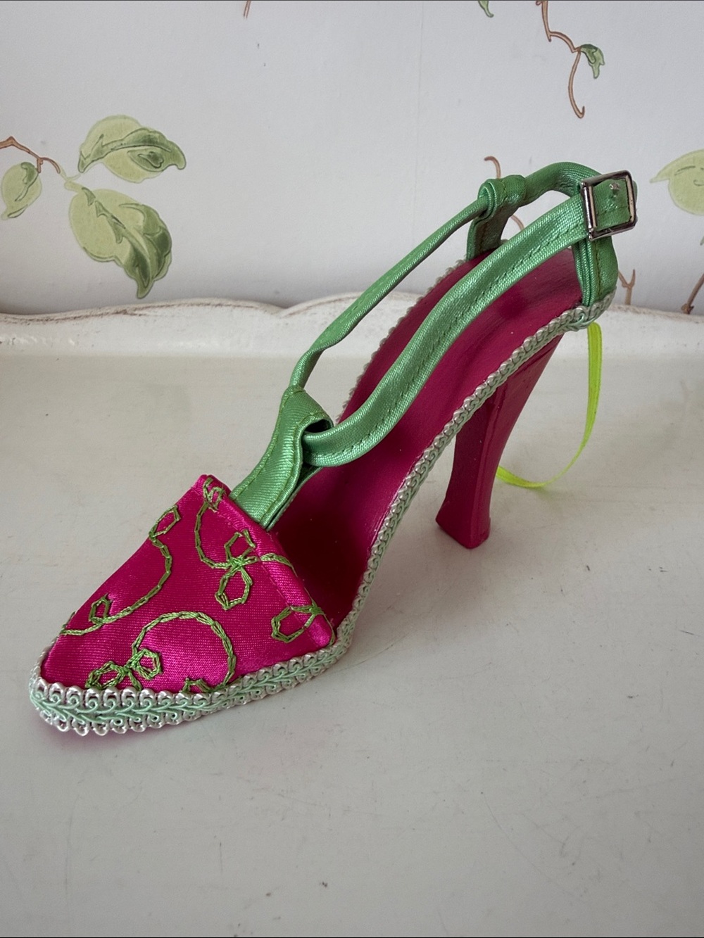 Women’s Pink and Green Satin High Heel Slingback Shoe Ornament